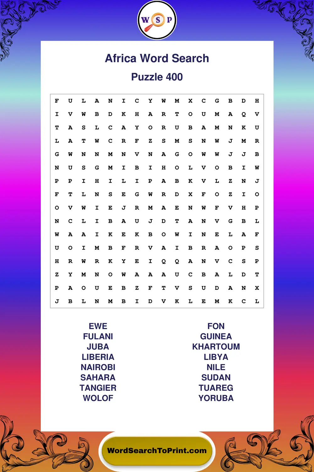 Africa Word Search Puzzle 400
