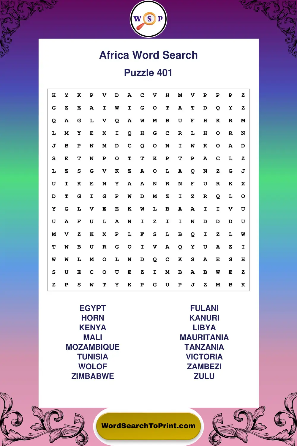Africa Word Search Puzzle 401