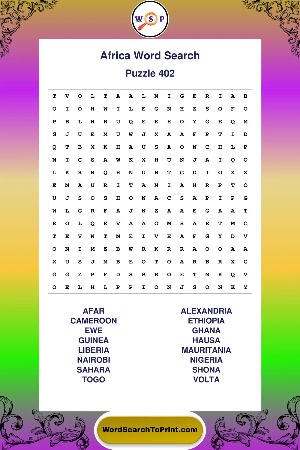 Africa Word Search Puzzle 402