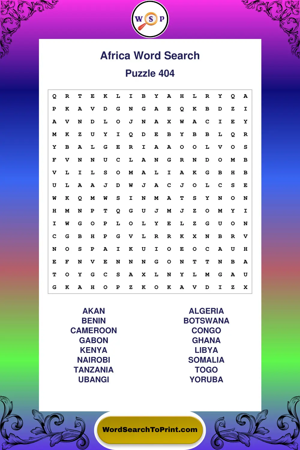 Africa Word Search Puzzle 404