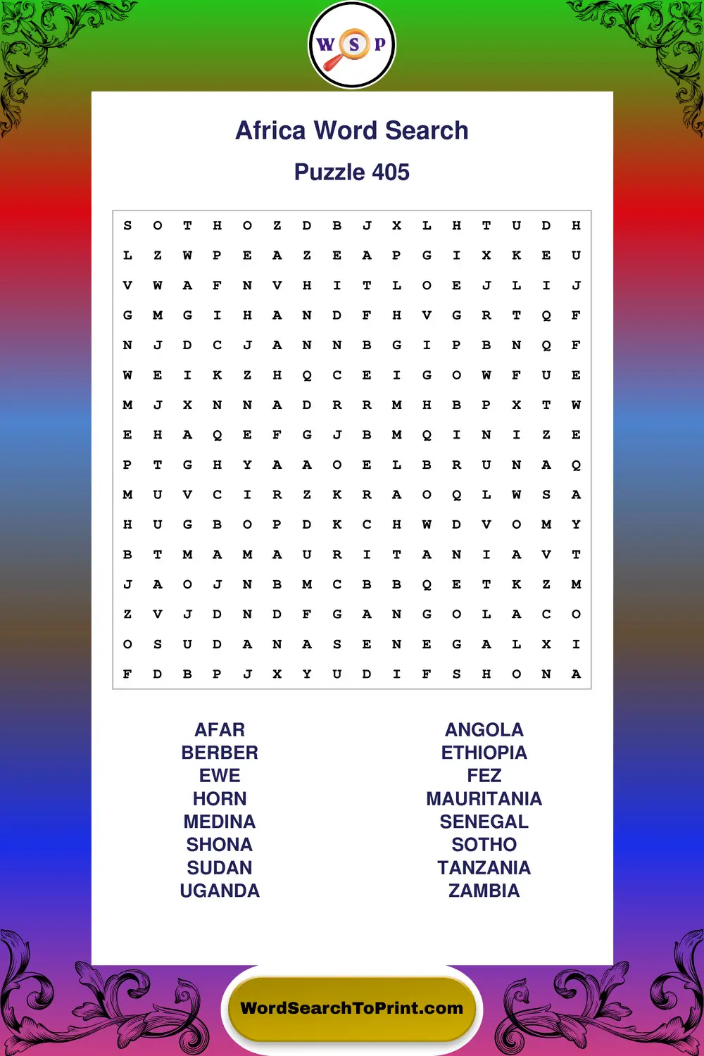 Africa Word Search Puzzle 405