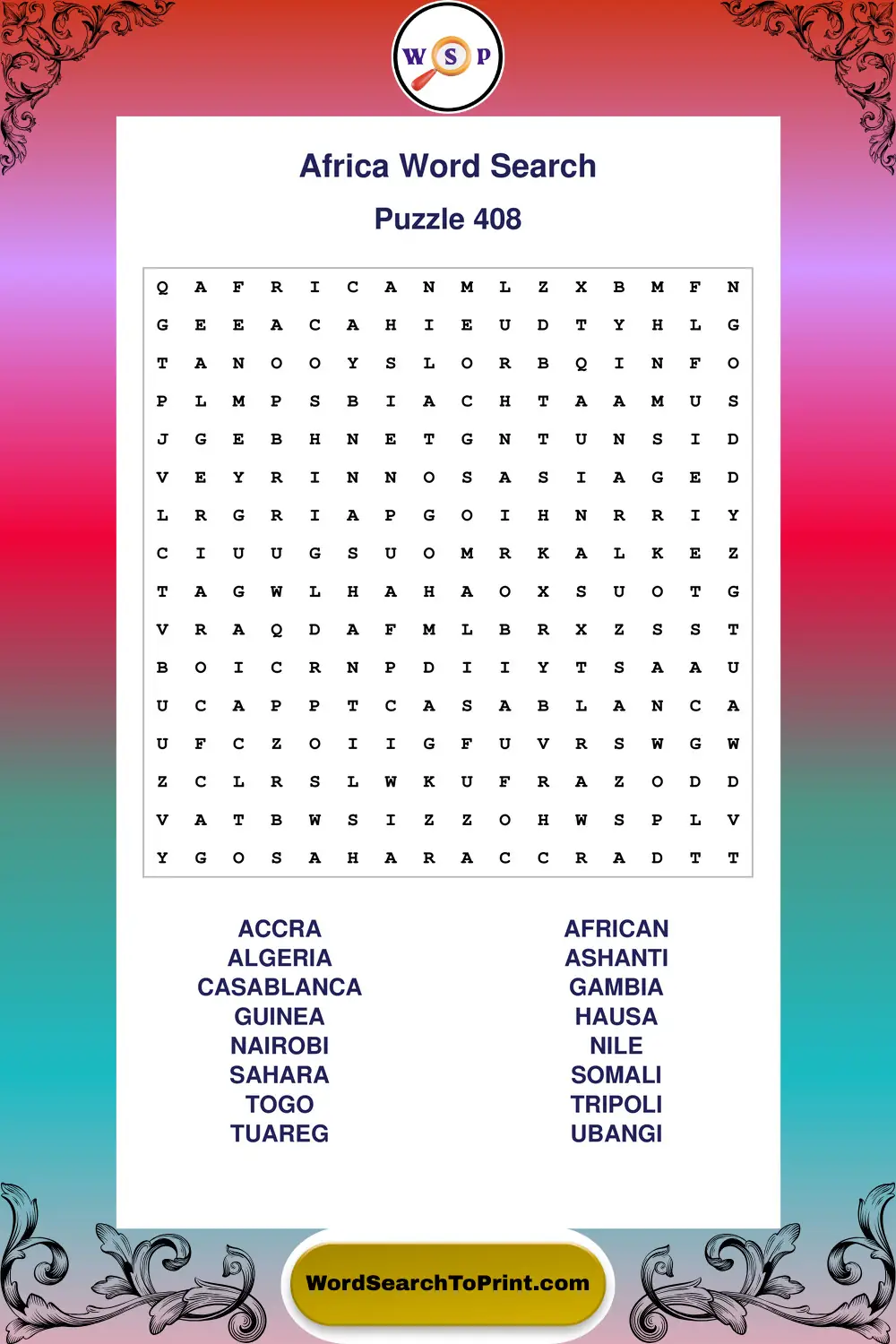Africa Word Search Puzzle 408