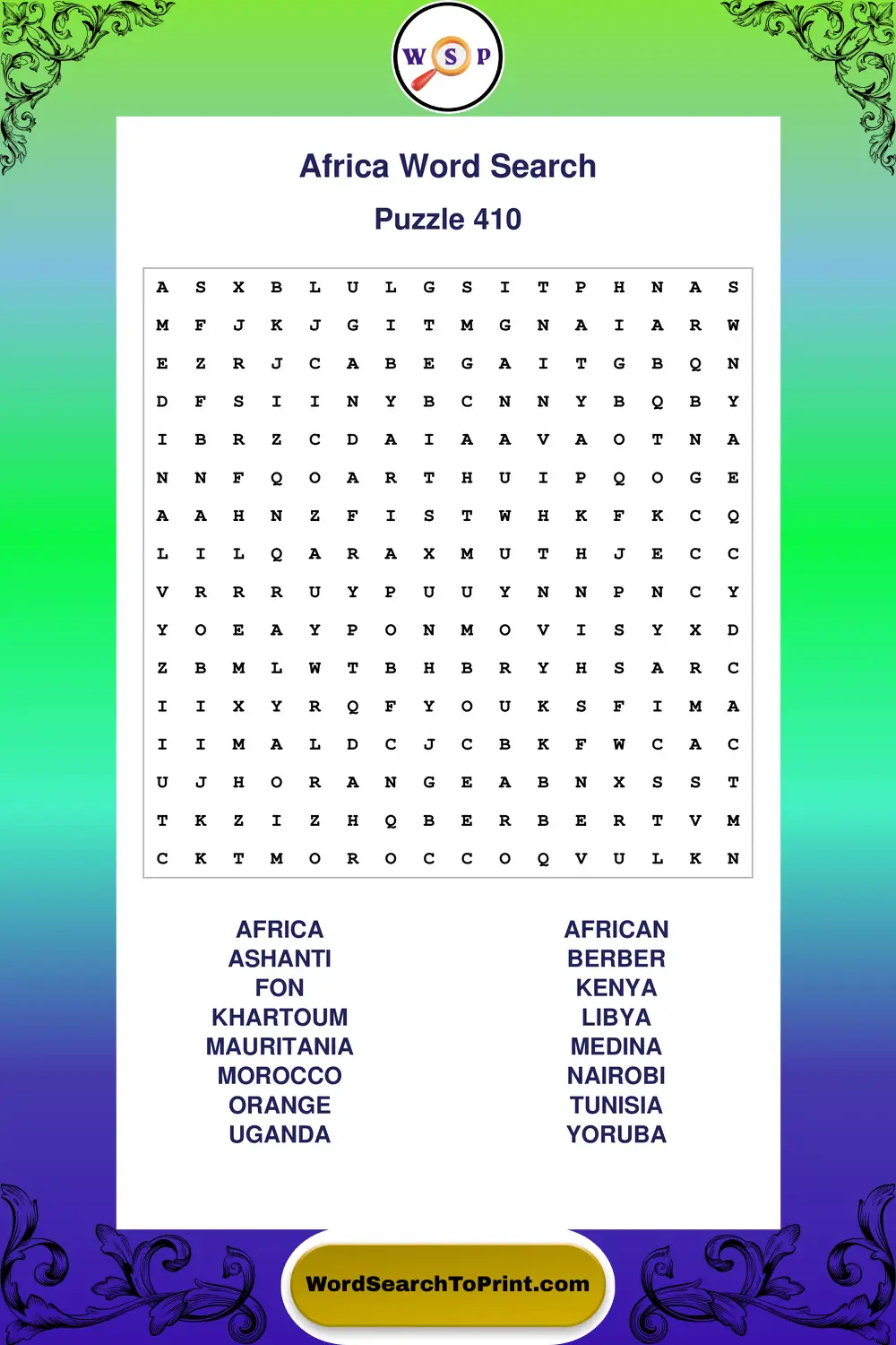 Africa Word Search Puzzle 410