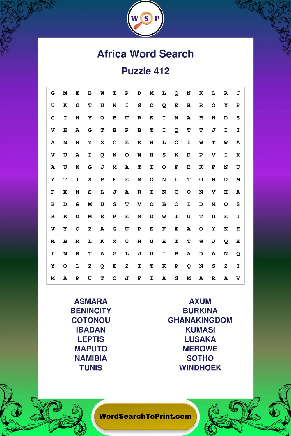 Africa Word Search Puzzle 412