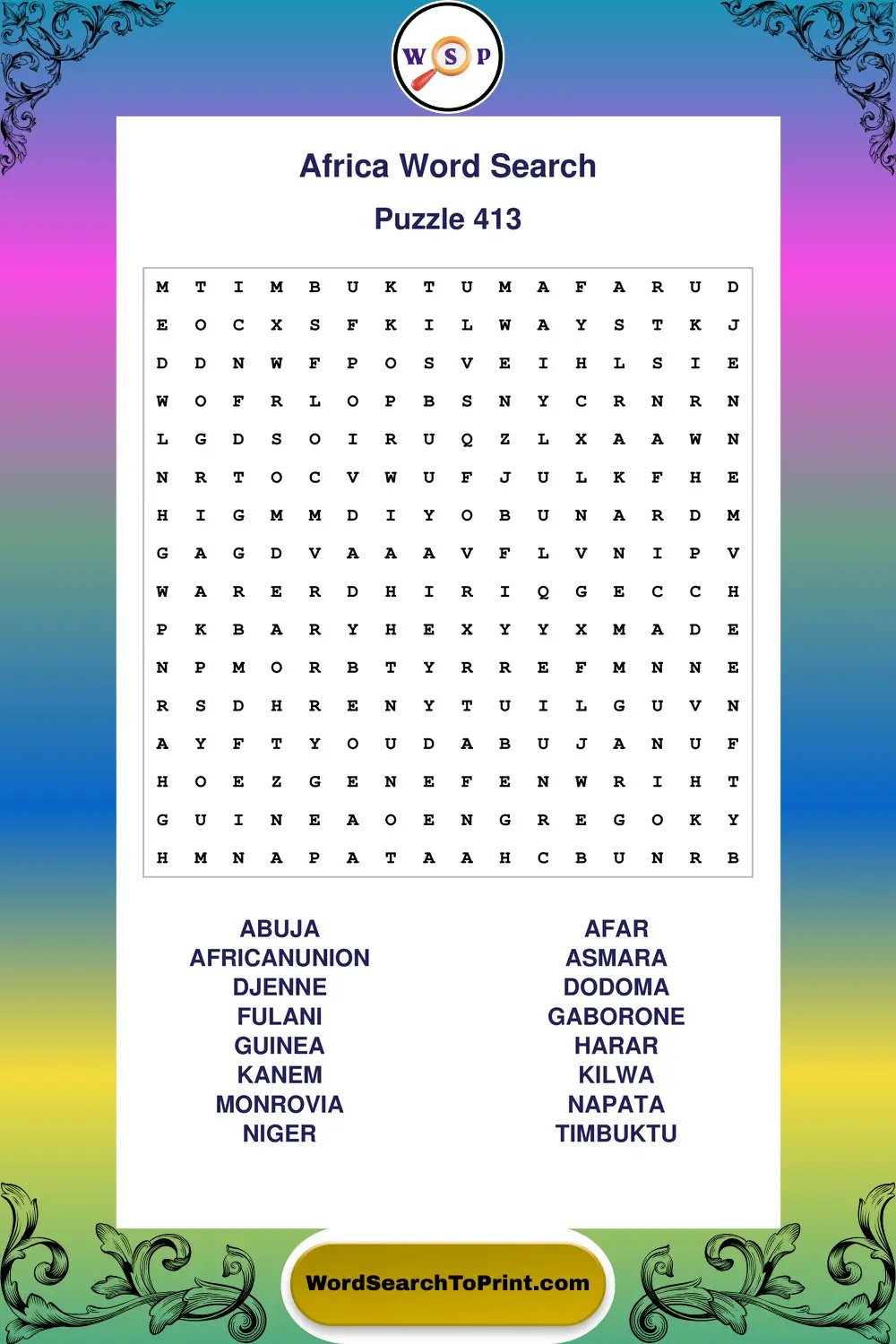 Africa Word Search Puzzle 413