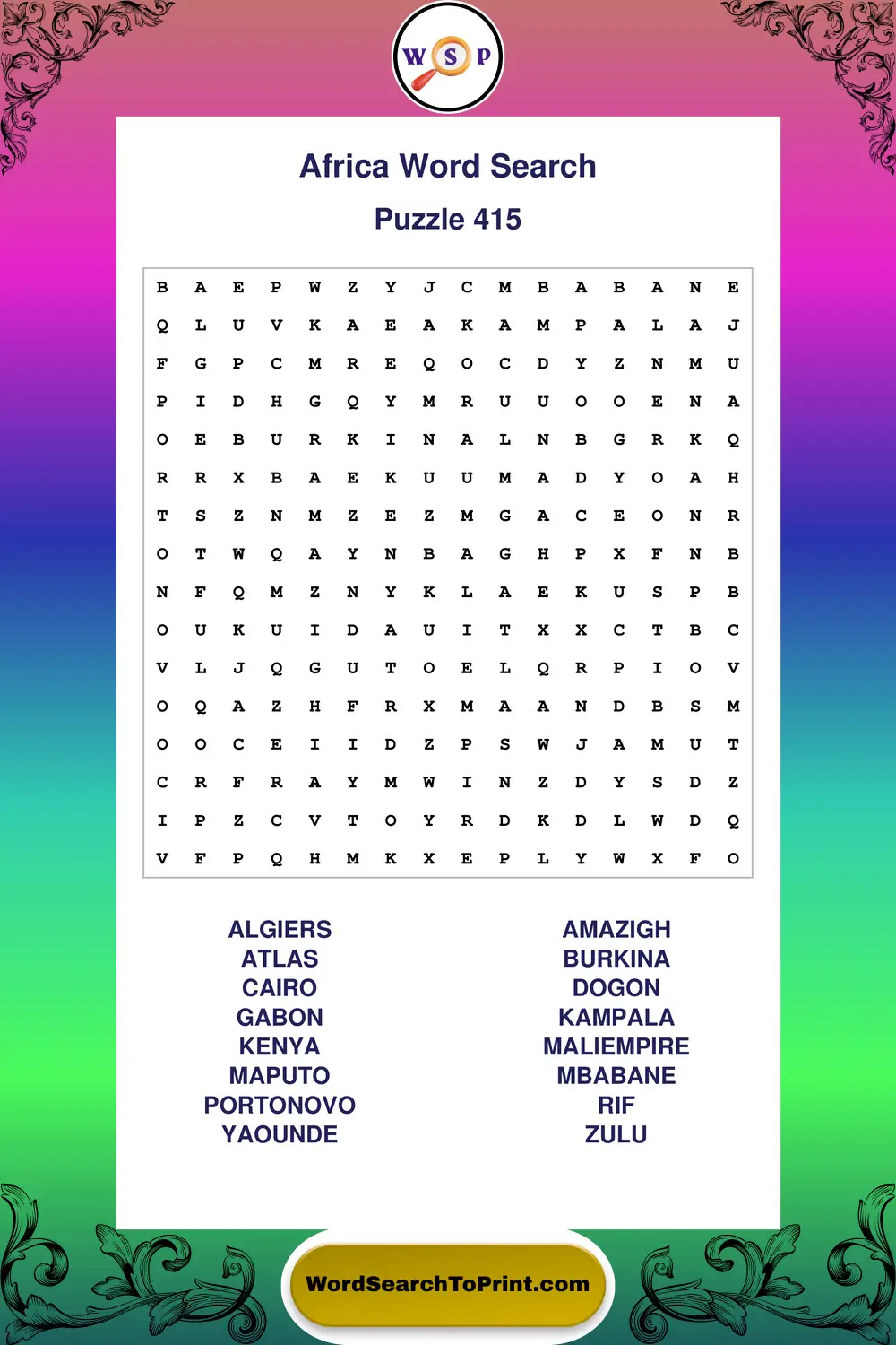 Africa Word Search Puzzle 415