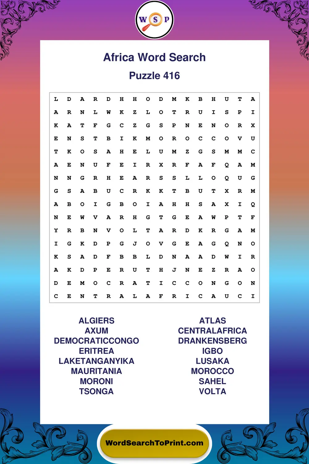 Africa Word Search Puzzle 416