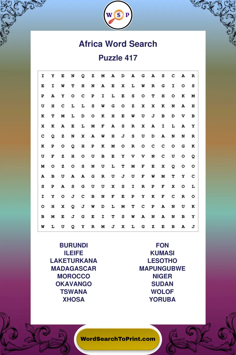 Africa Word Search Puzzle 417