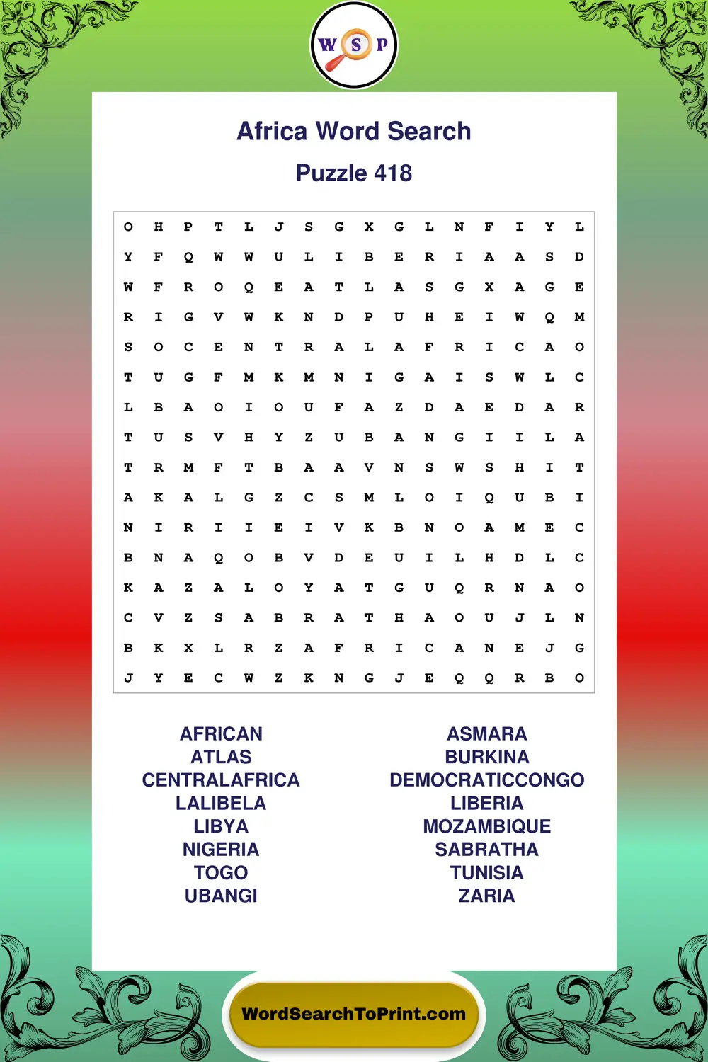 Africa Word Search Puzzle 418