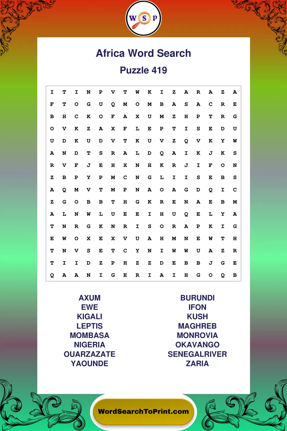 Africa Word Search Puzzle 419