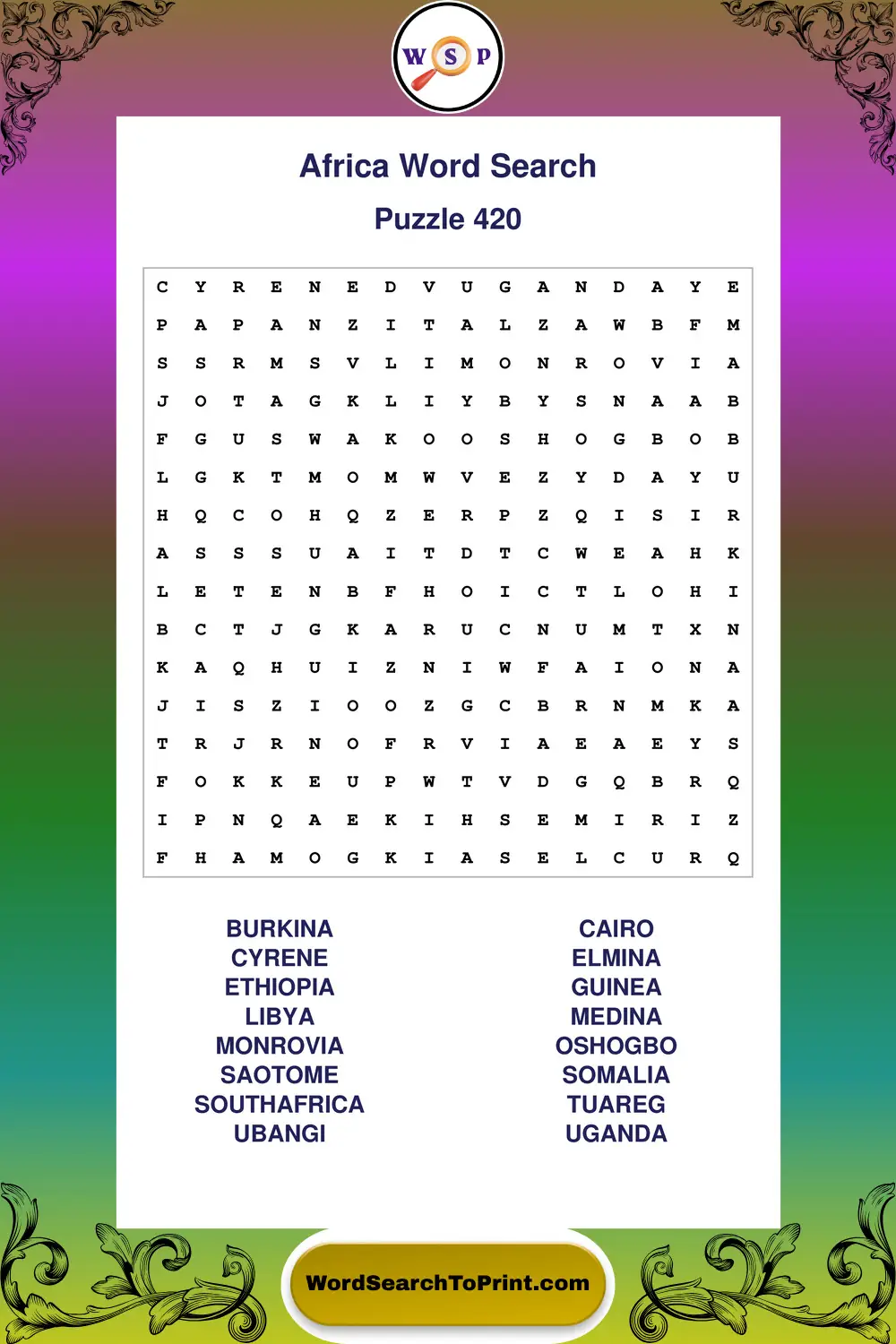 Africa Word Search Puzzle 420