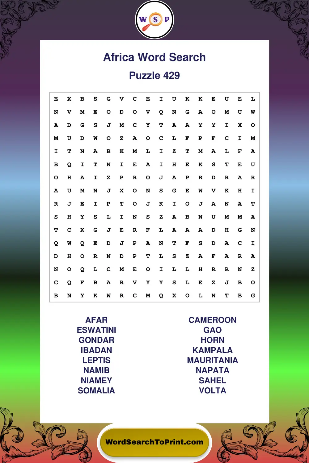 Africa Word Search Puzzle 429
