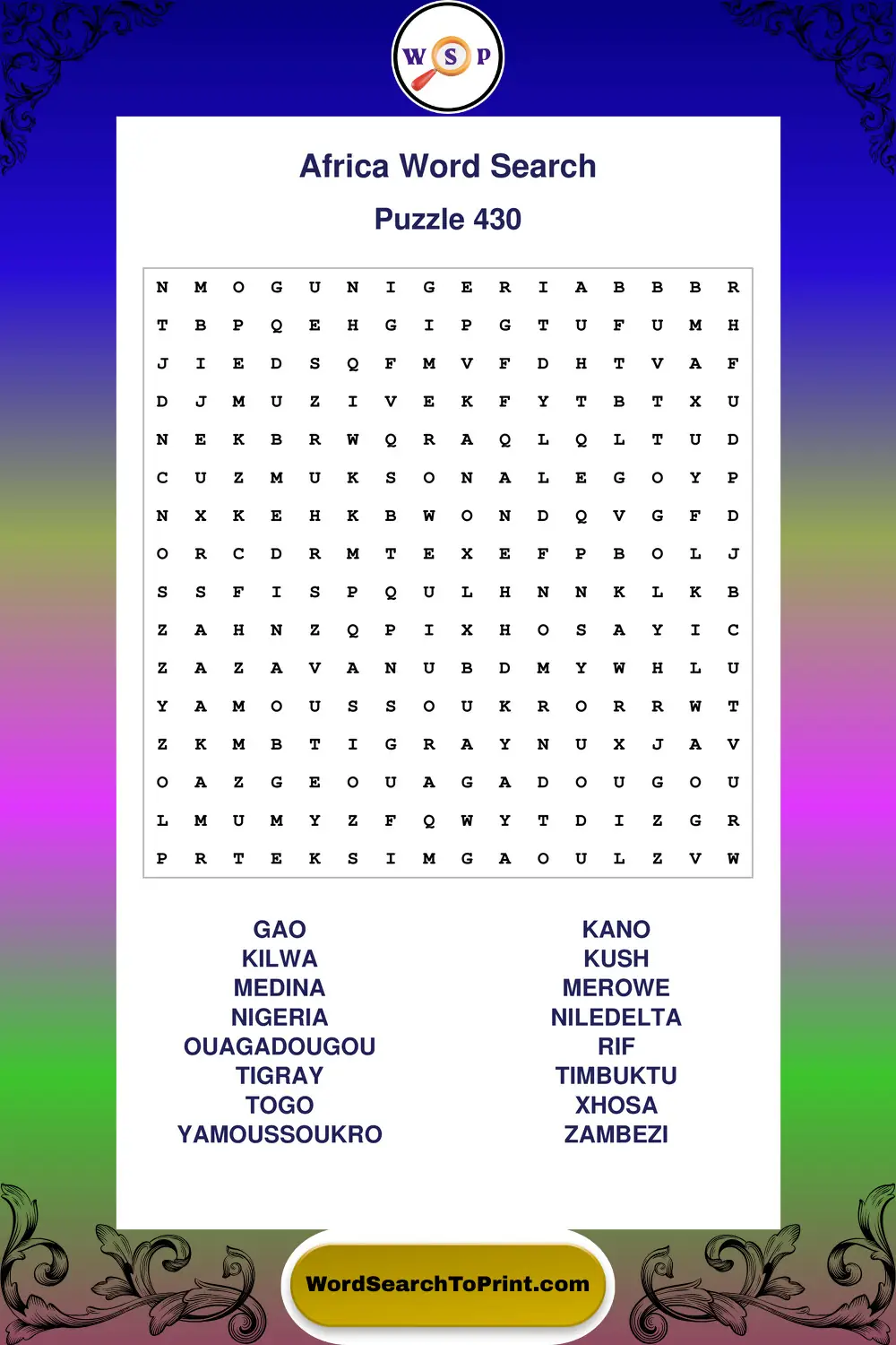 Africa Word Search Puzzle 430