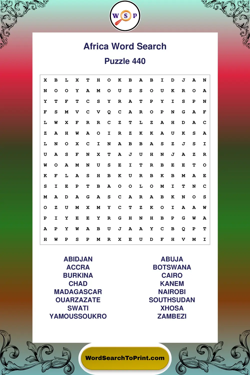 Africa Word Search Puzzle 440