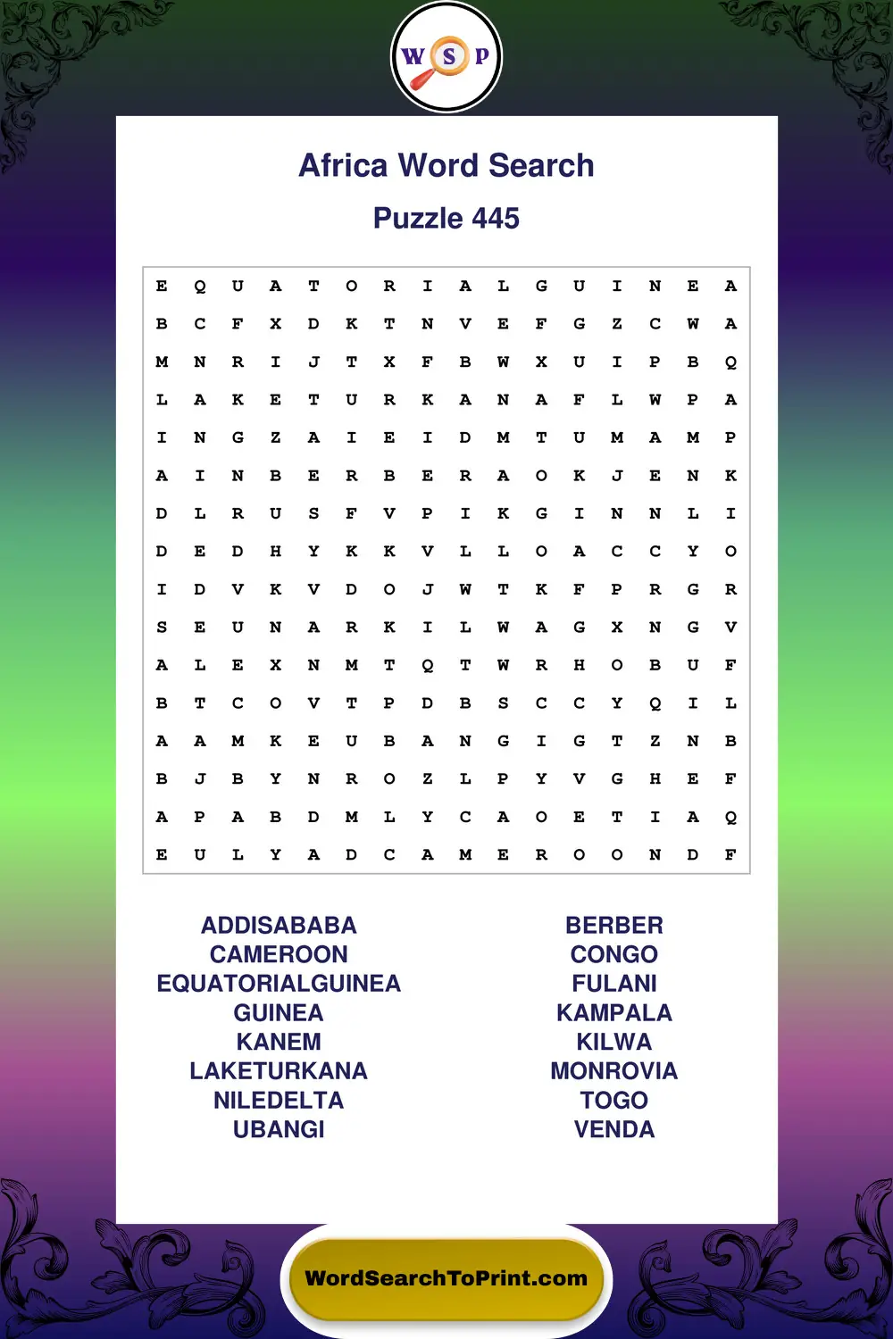 Africa Word Search Puzzle 445