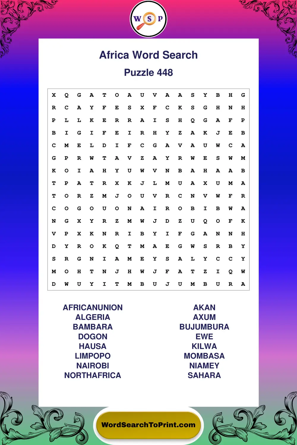 Africa Word Search Puzzle 448