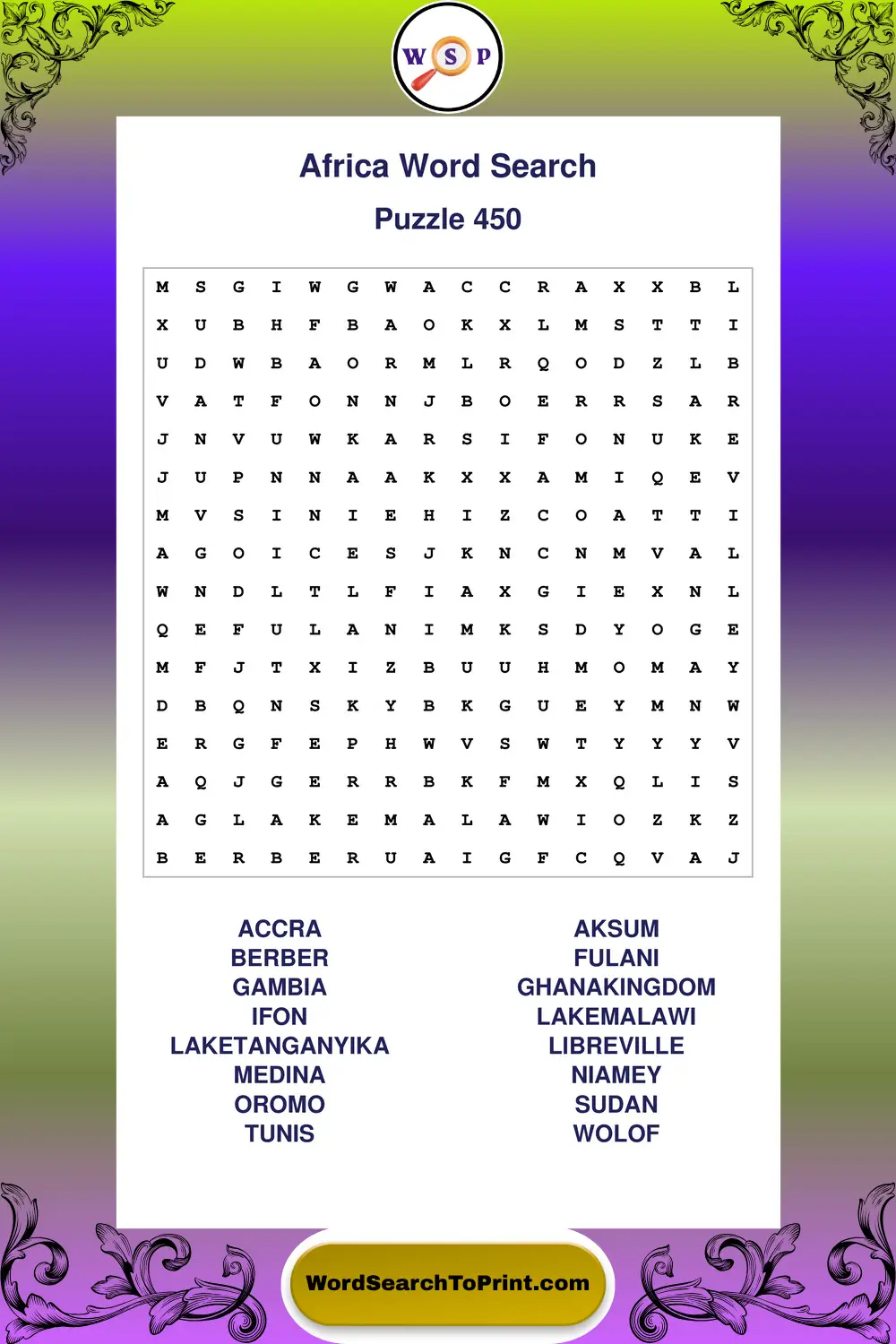 Africa Word Search Puzzle 450