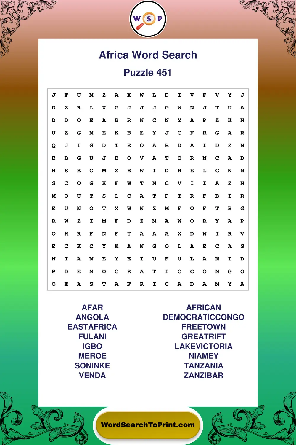 Africa Word Search Puzzle 451