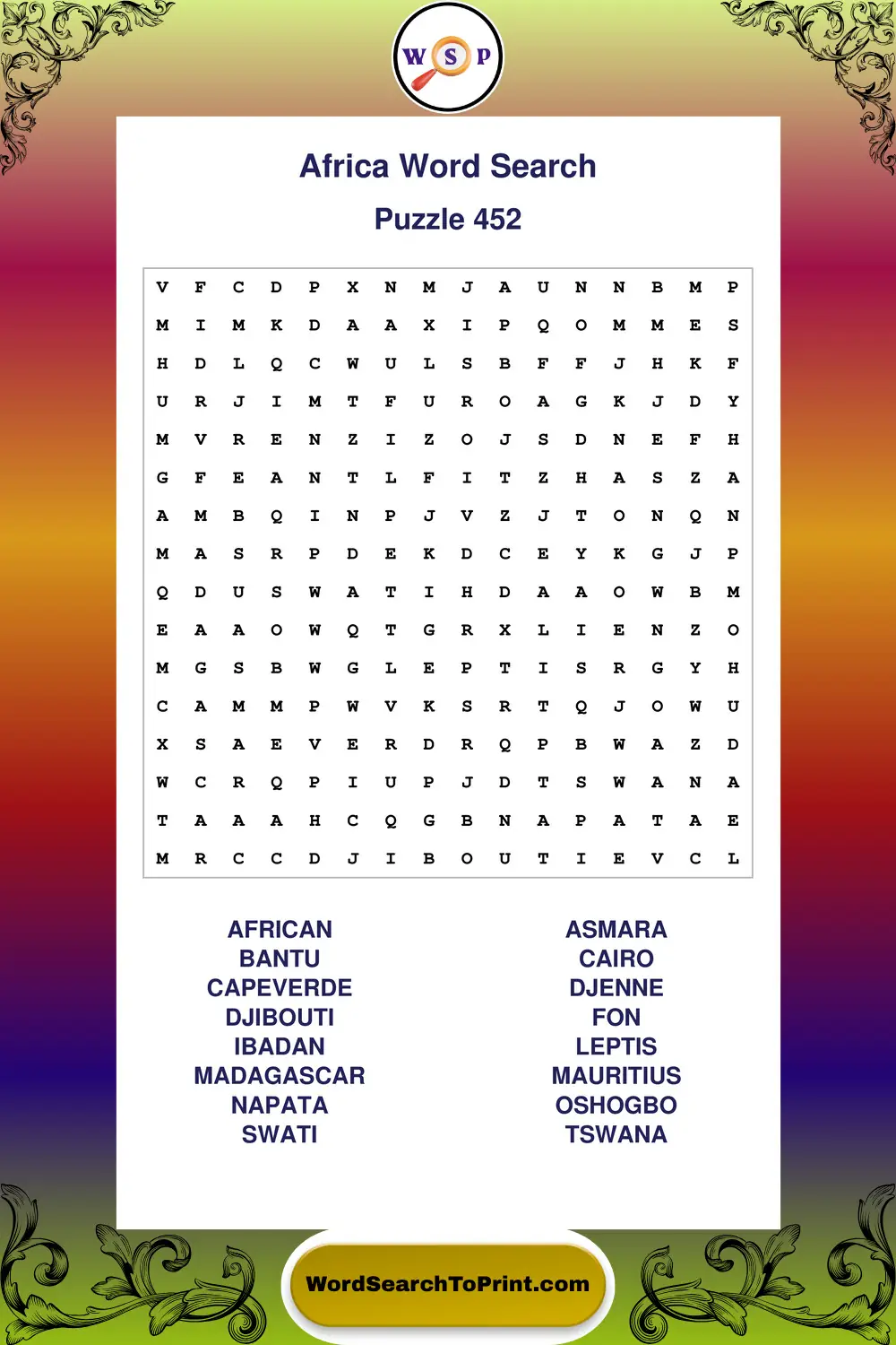 Africa Word Search Puzzle 452