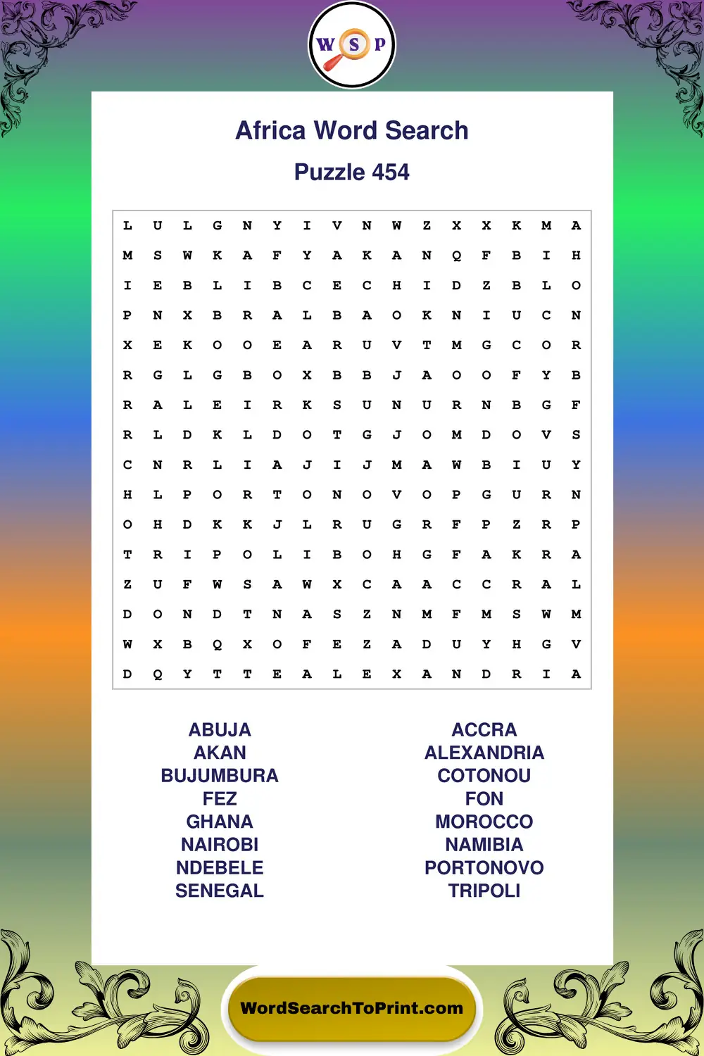 Africa Word Search Puzzle 454