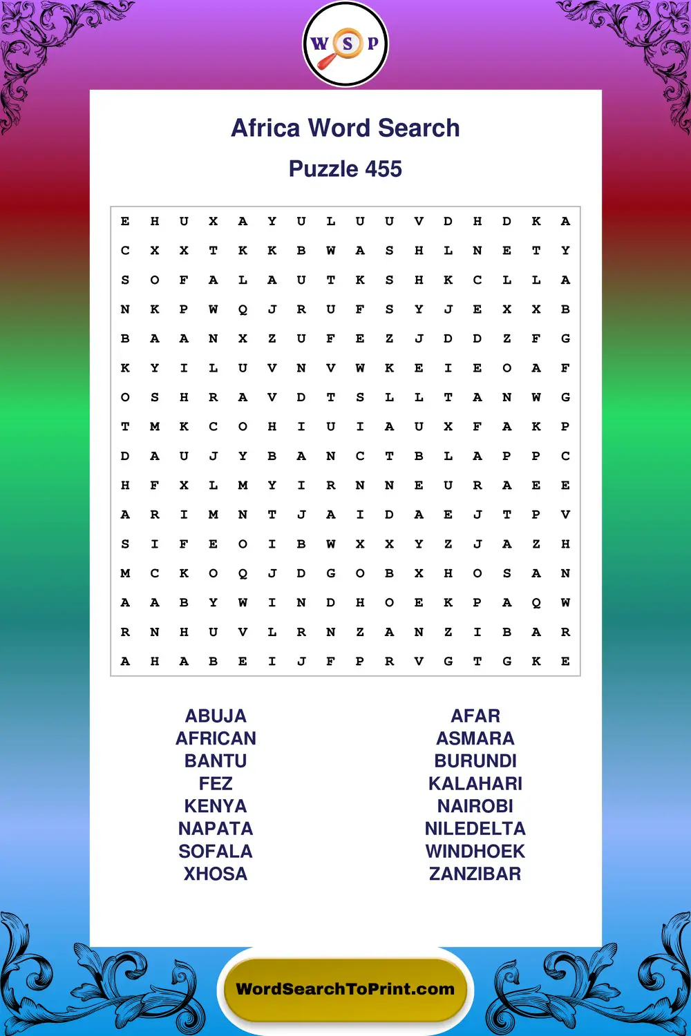 Africa Word Search Puzzle 455