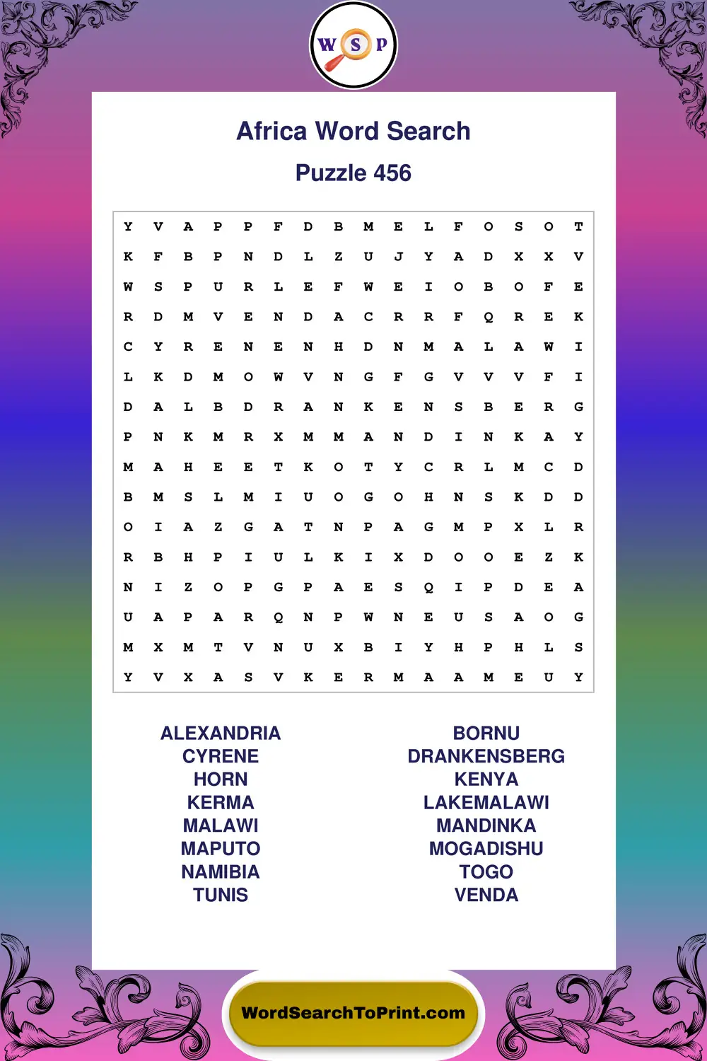 Africa Word Search Puzzle 456