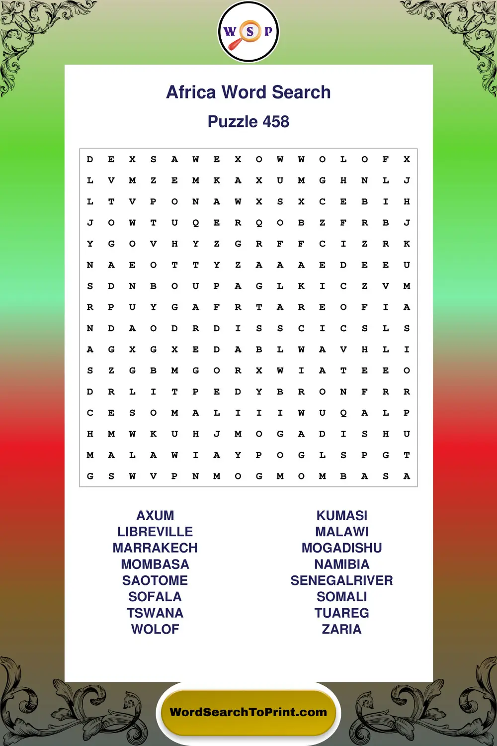 Africa Word Search Puzzle 458