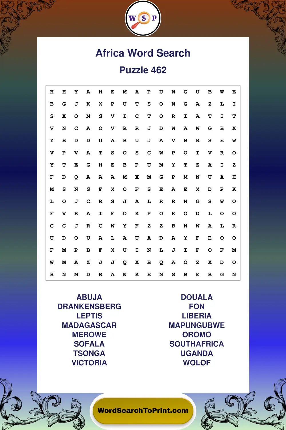 Africa Word Search Puzzle 462