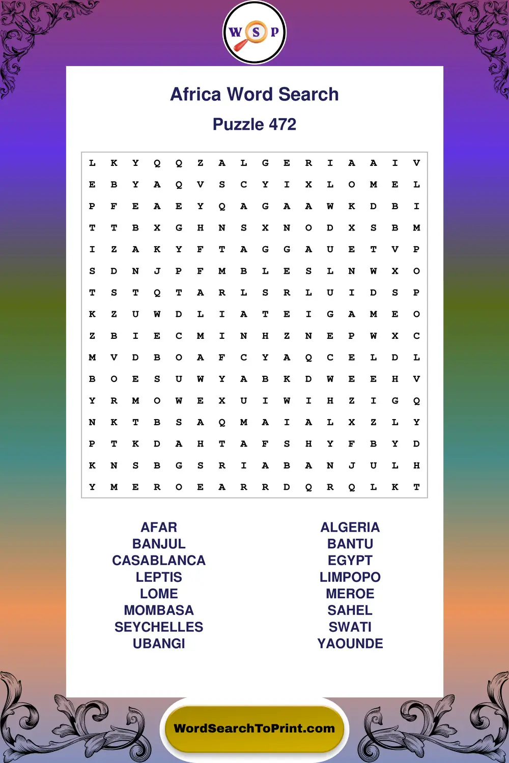 Africa Word Search Puzzle 472
