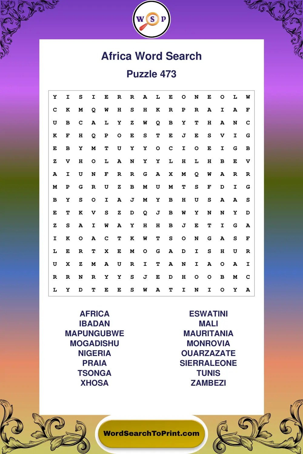 Africa Word Search Puzzle 473