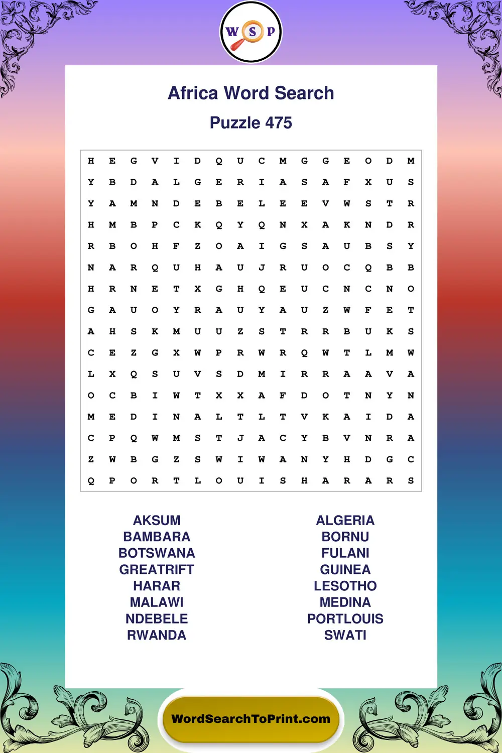 Africa Word Search Puzzle 475