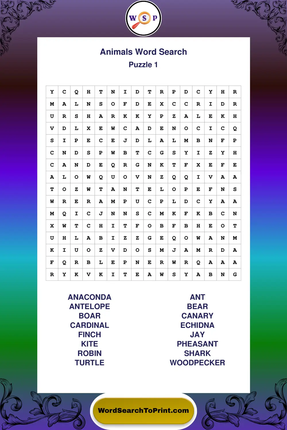 Animals Word Search Puzzle 1