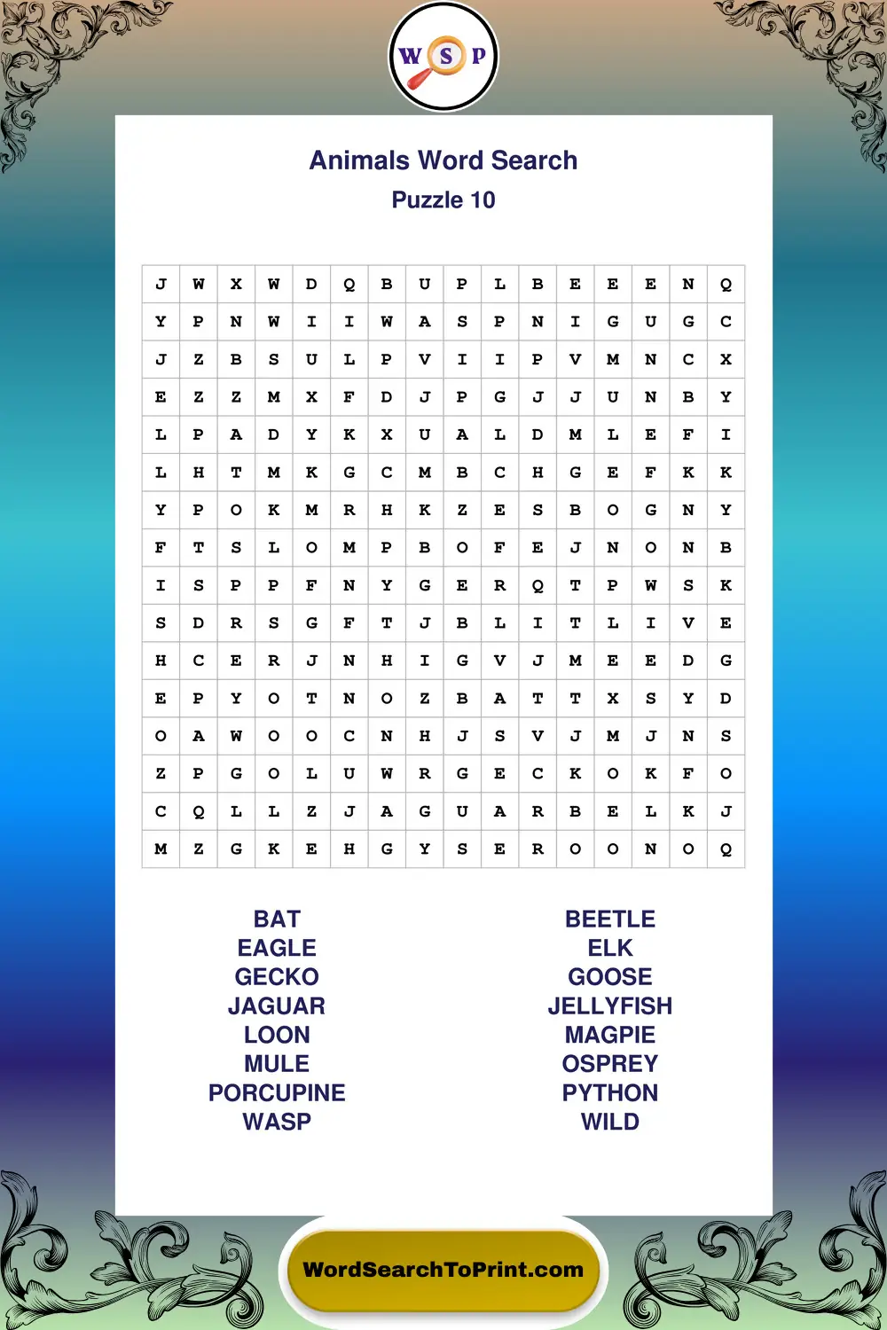 Animals Word Search Puzzle 10