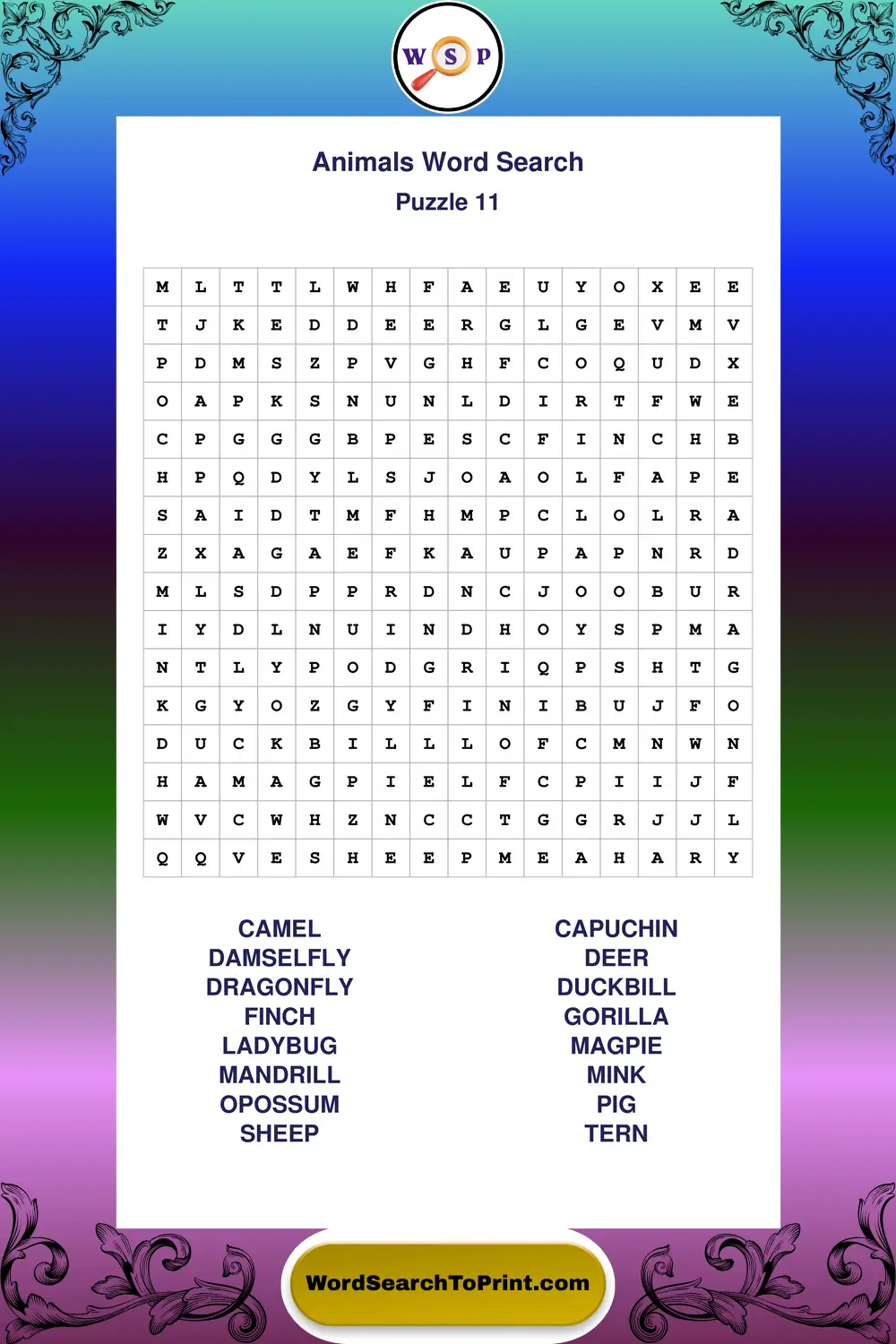 Animals Word Search Puzzle 11