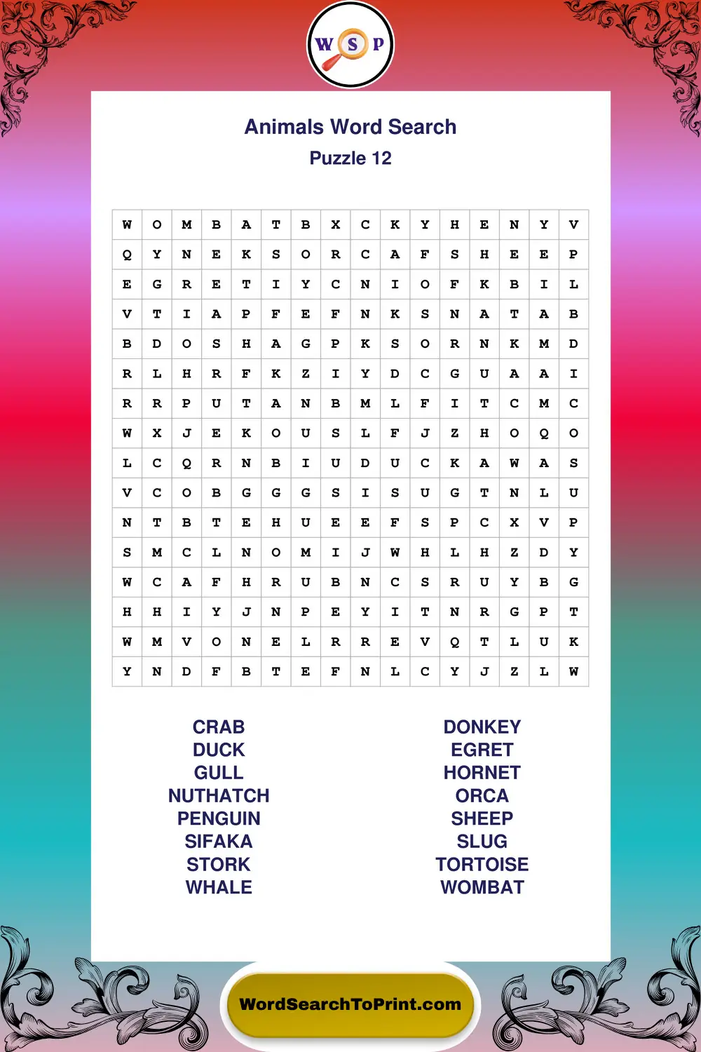 Animals Word Search Puzzle 12
