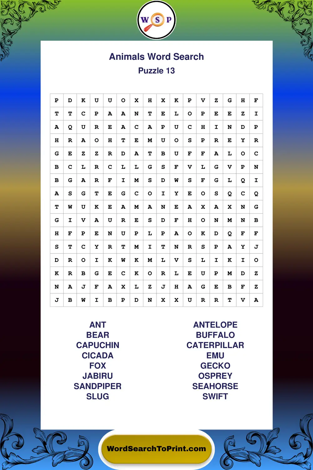 Animals Word Search Puzzle 13