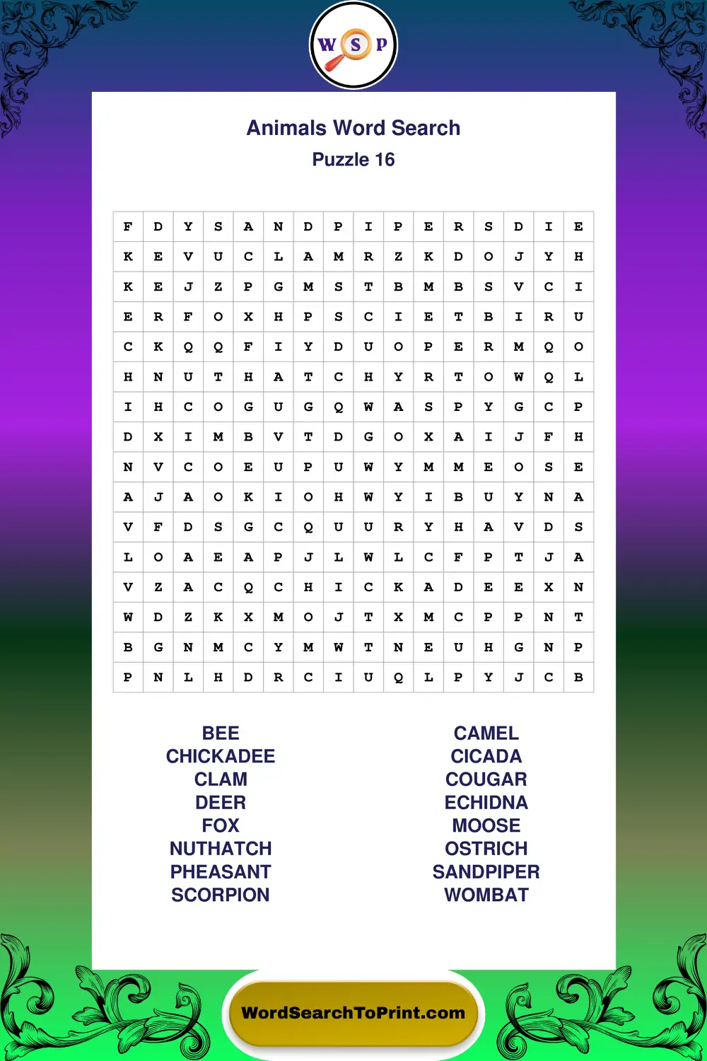 Animals Word Search Puzzle 16