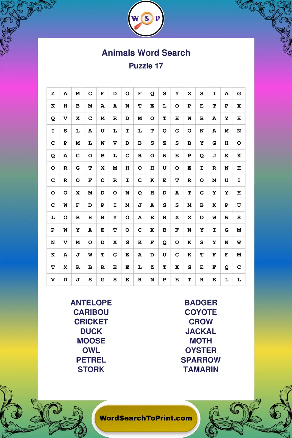 Animals Word Search Puzzle 17