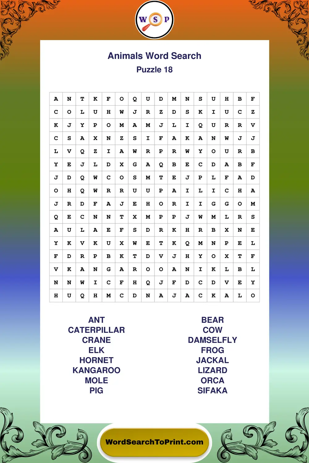 Animals Word Search Puzzle 18