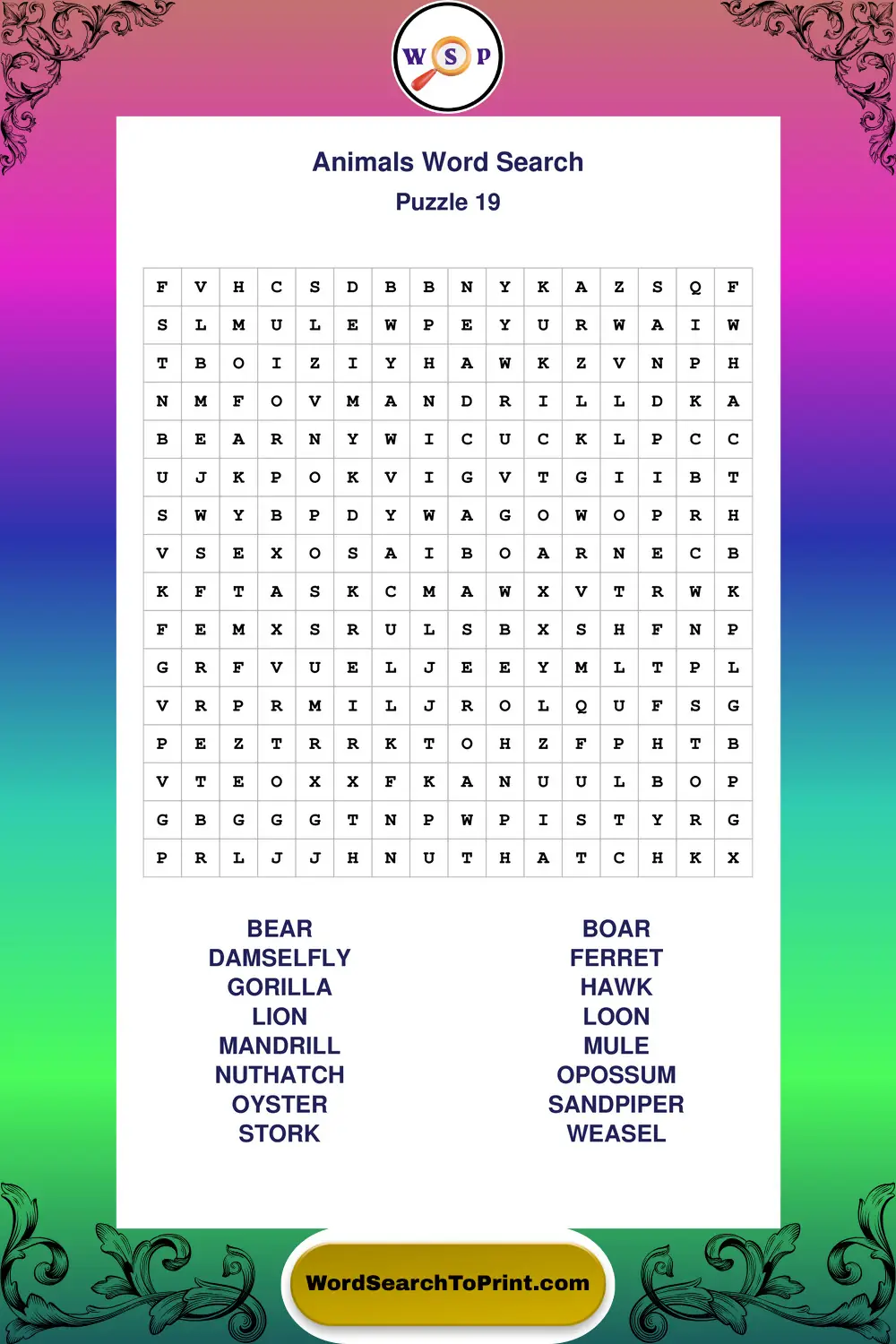 Animals Word Search Puzzle 19