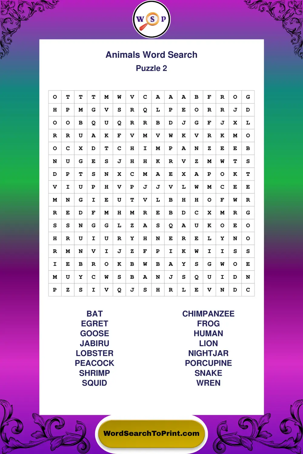 Animals Word Search Puzzle 2