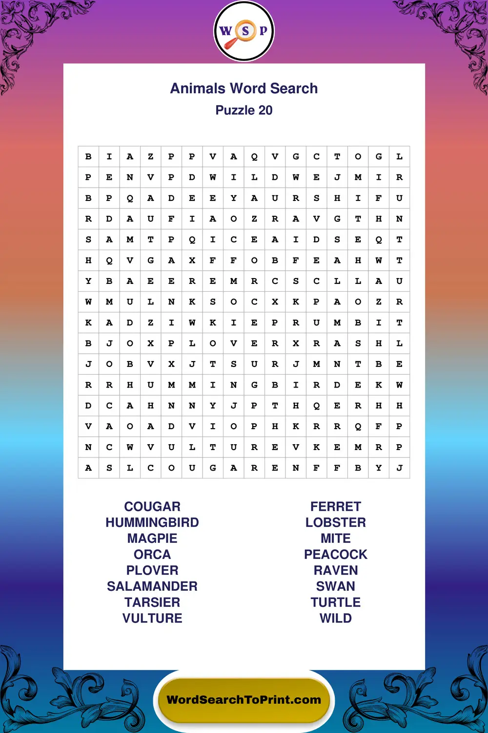 Animals Word Search Puzzle 20