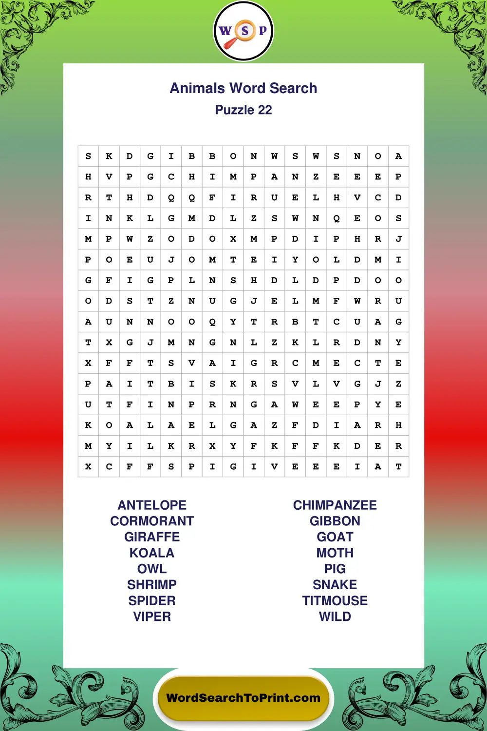 Animals Word Search Puzzle 22