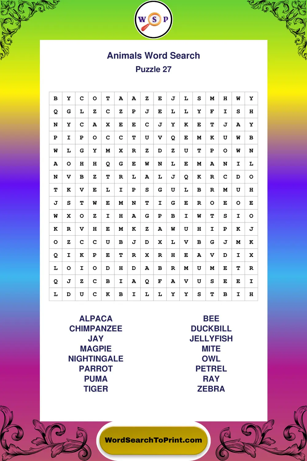 Animals Word Search Puzzle 27