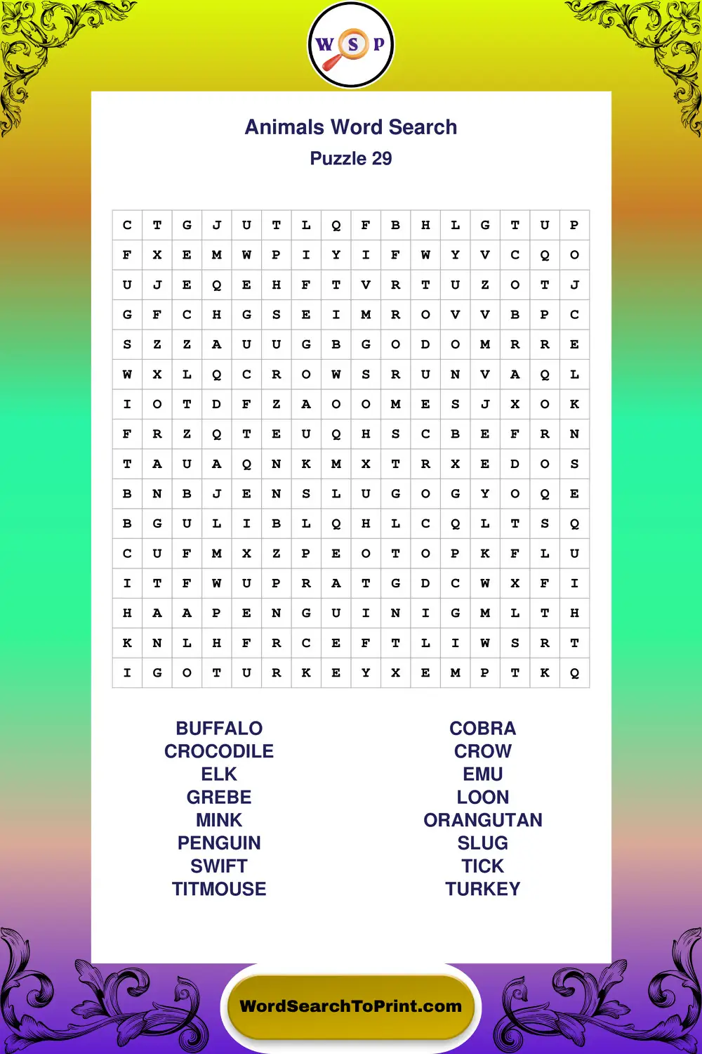 Animals Word Search Puzzle 29