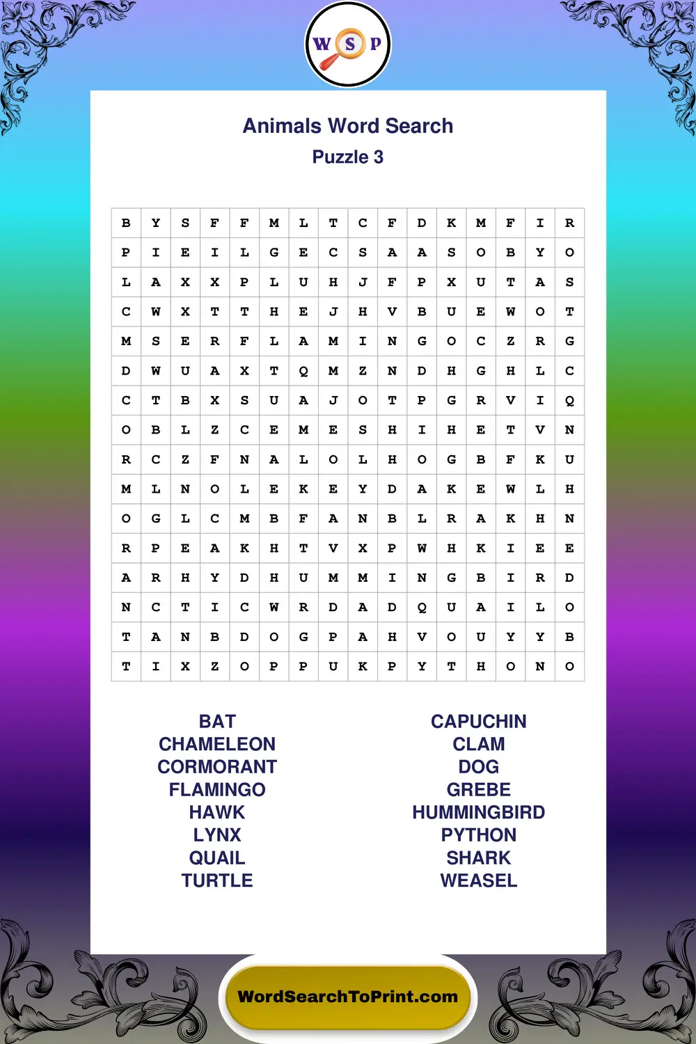 Animals Word Search Puzzle 3