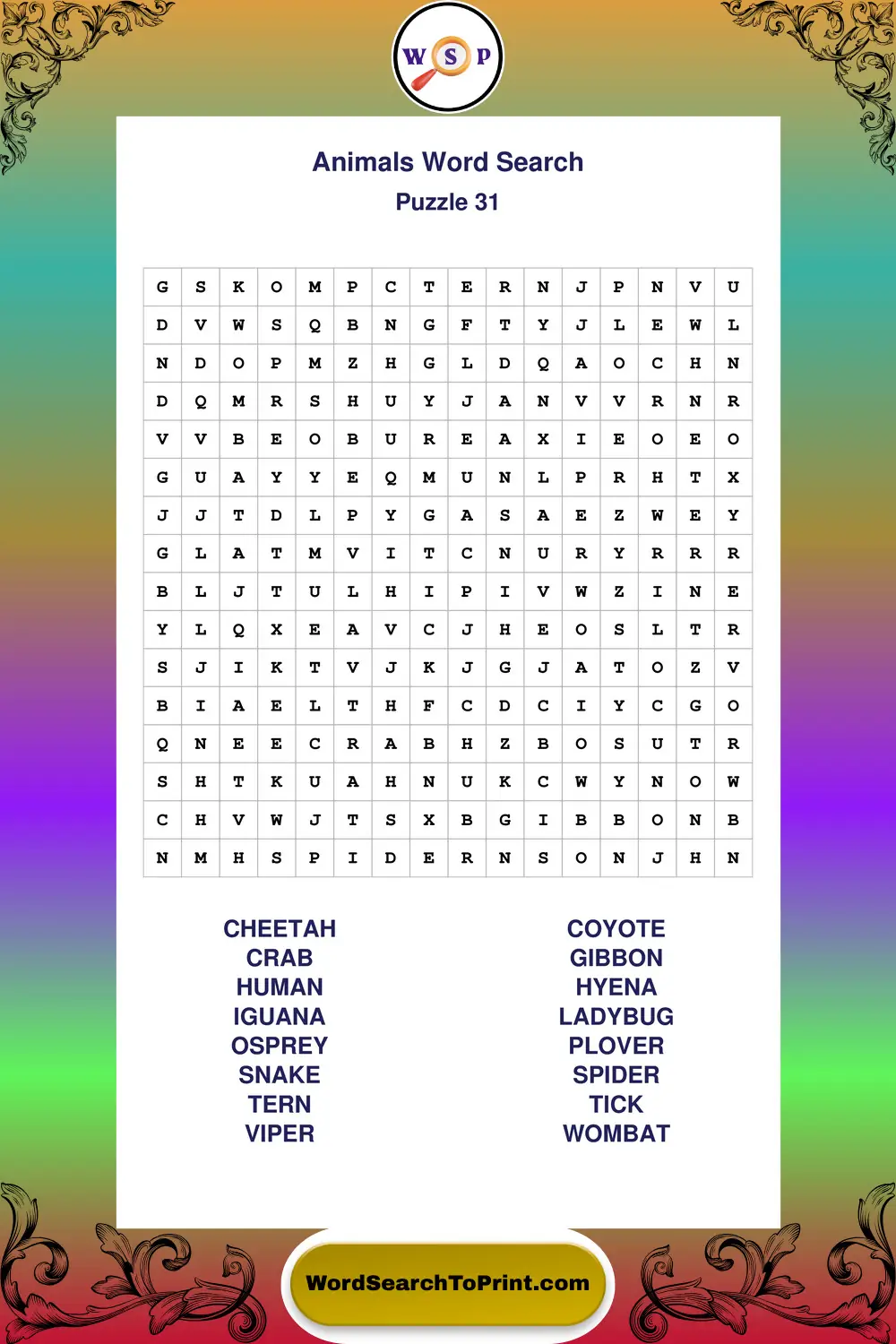 Animals Word Search Puzzle 31