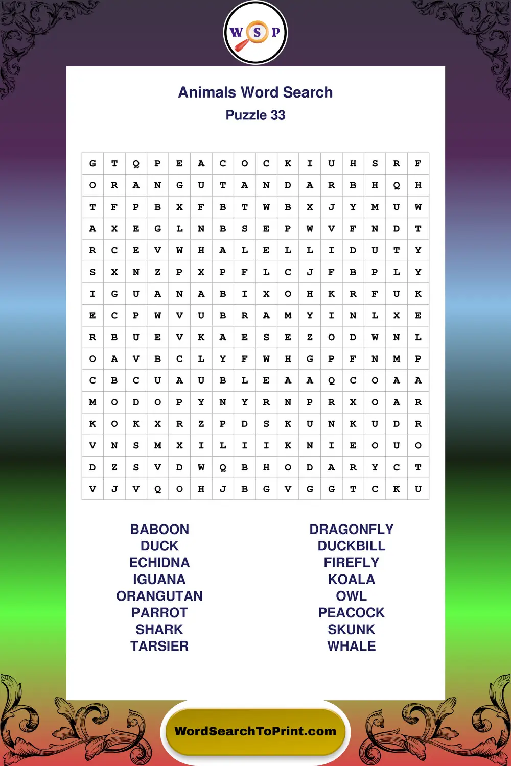 Animals Word Search Puzzle 33