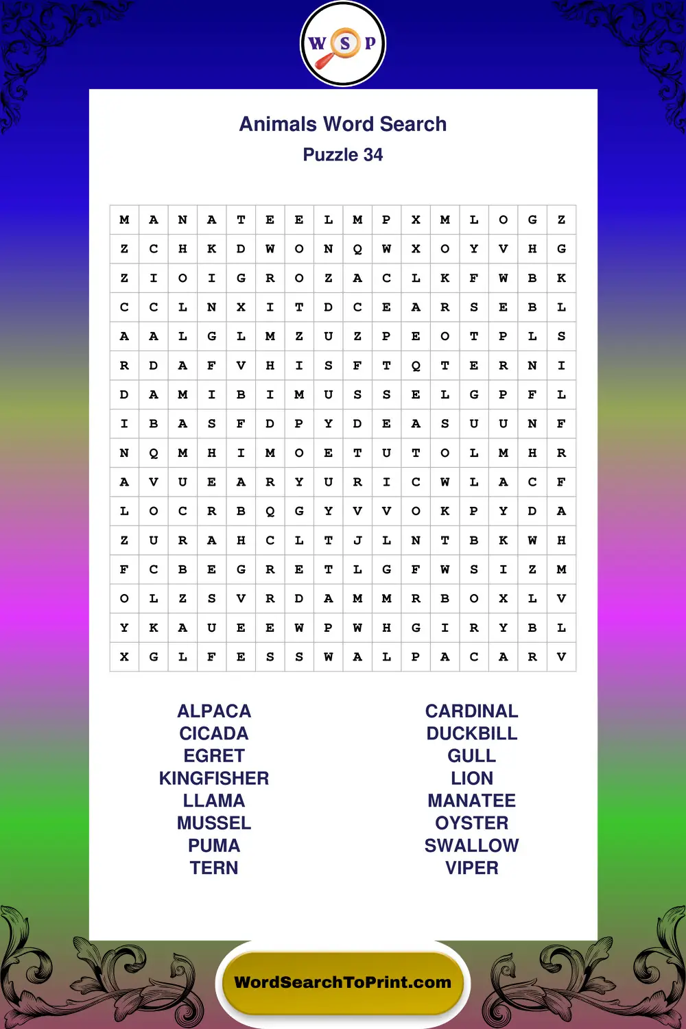 Animals Word Search Puzzle 34