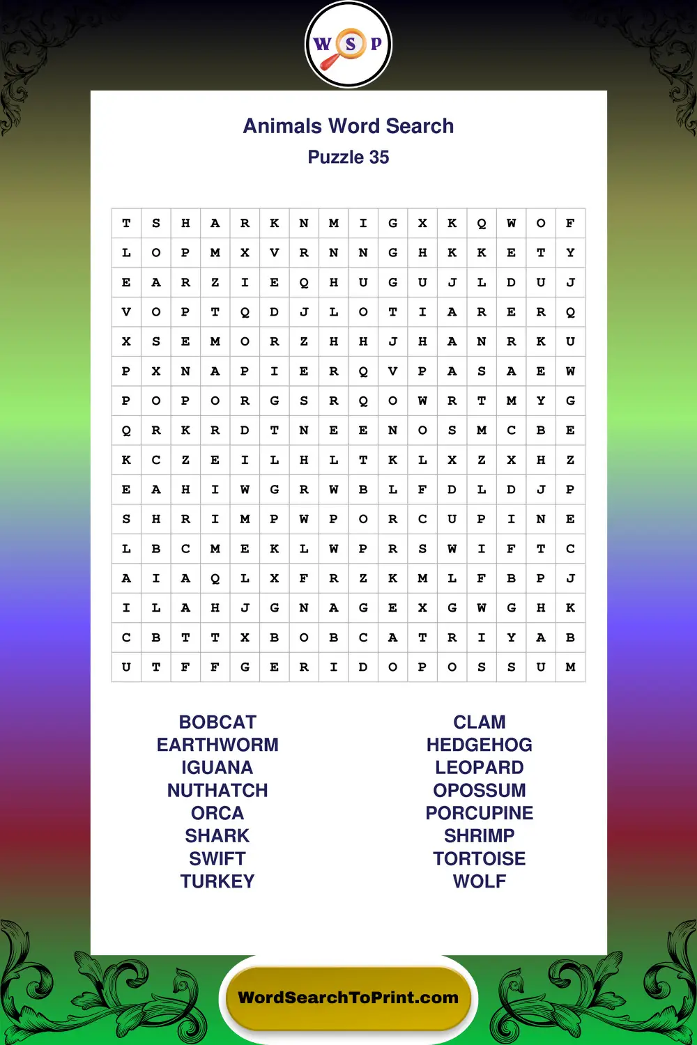 Animals Word Search Puzzle 35